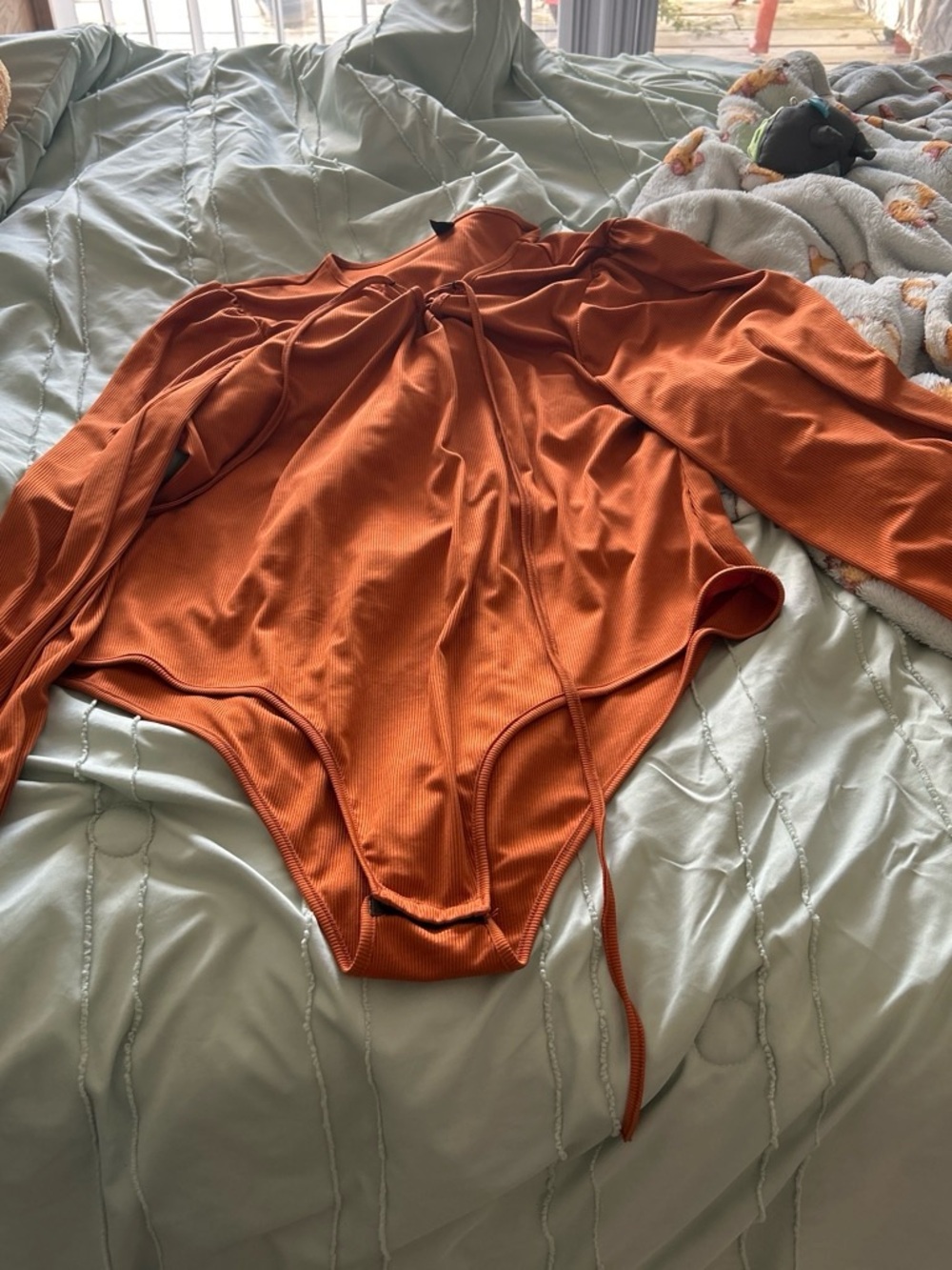 SHEIN Orange Ribbed Tie-Front Bodysuit